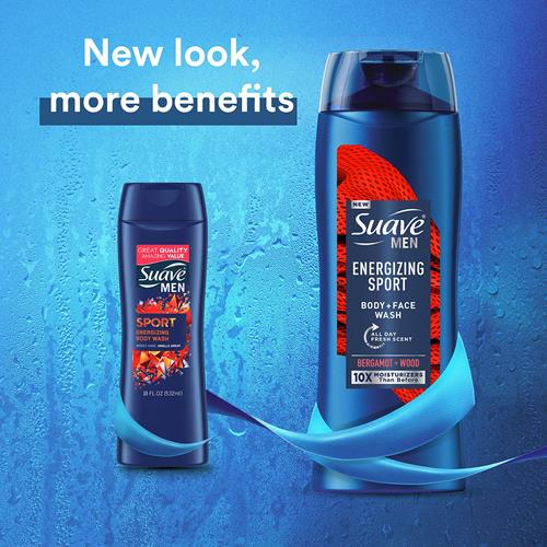 Gel douche corps et visage Suave Men, Nettoyant corporel pour une peau hydratée, Sport énergisant, Au parfum frais longue durée 532 ml