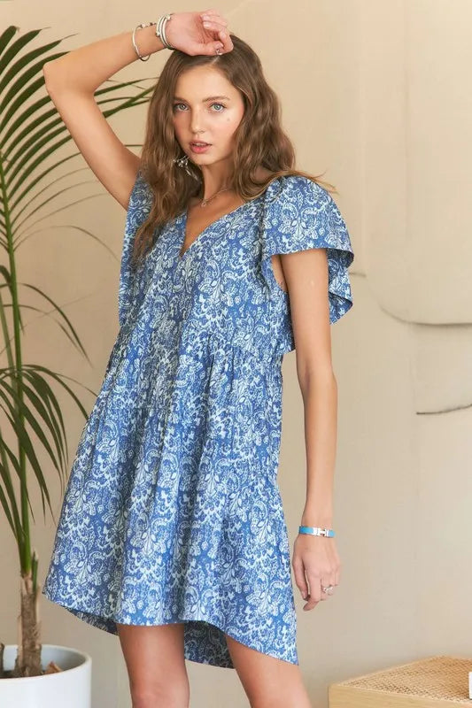 Nouvelle mini-robe d'été à imprimé col en V et manches à volants – Robe à imprimé floral féminine, élégante, mode, séduisante et amusante