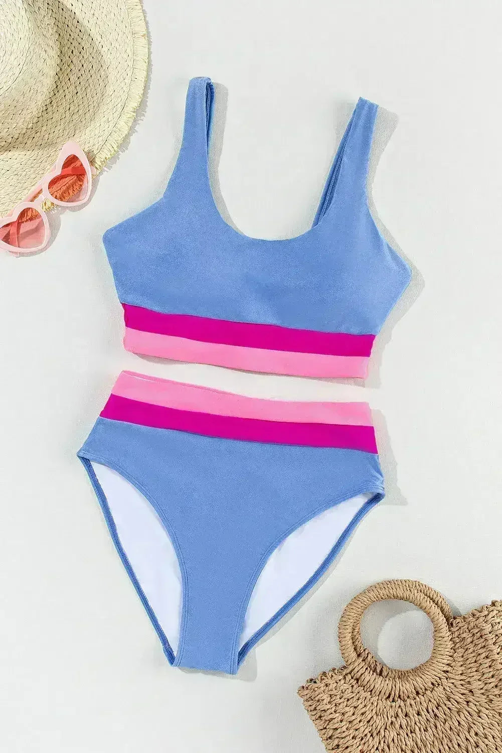Maillot de bain bikini taille haute color block bleu clair