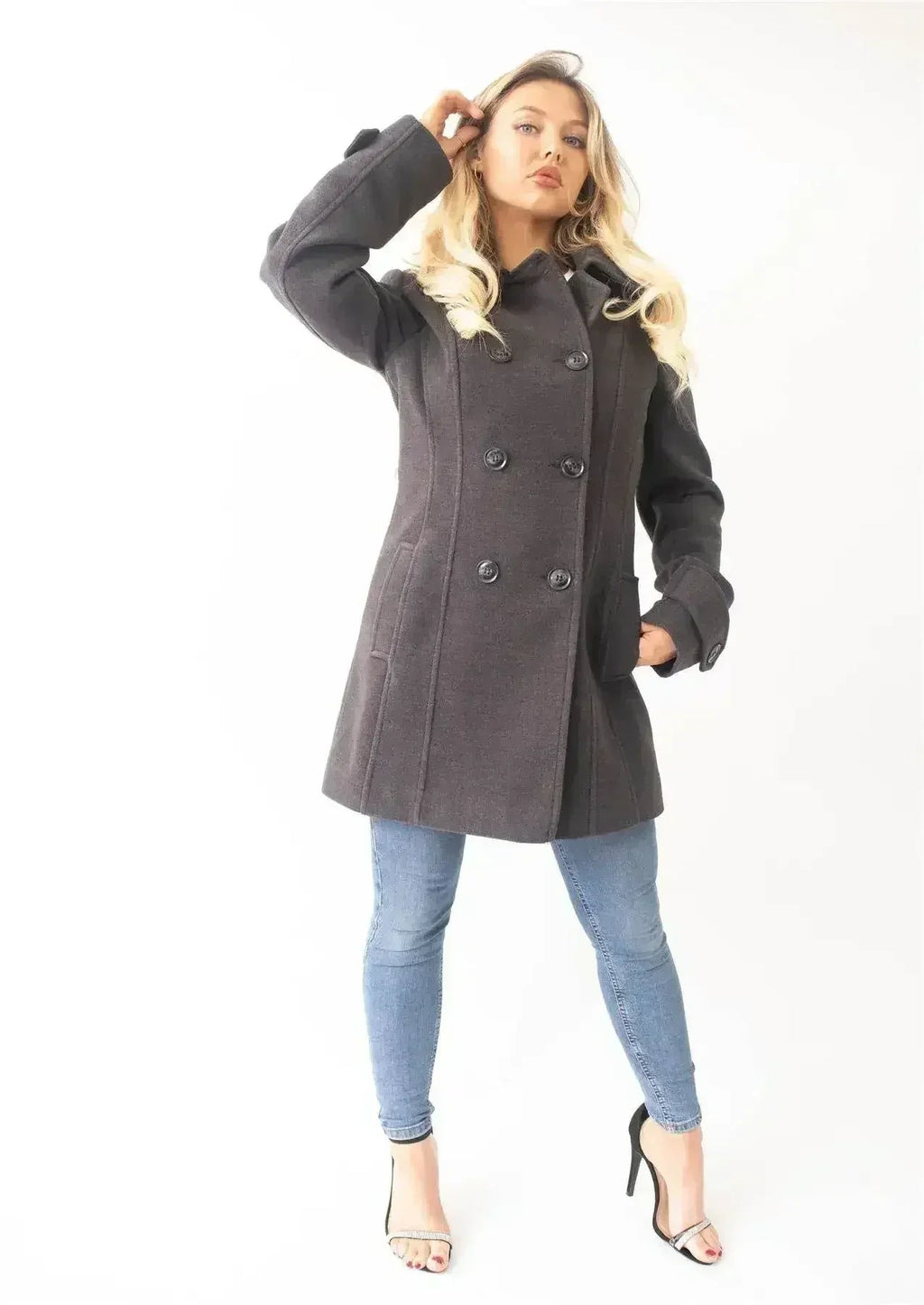 Manteau à capuche croisé double face en laine