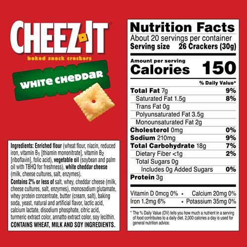 Cheez-It Craquelins au fromage, Craquelins cuits au four, Collations pour le dîner, Format familial, Cheddar blanc, Boîte de 595g (1 boîte)