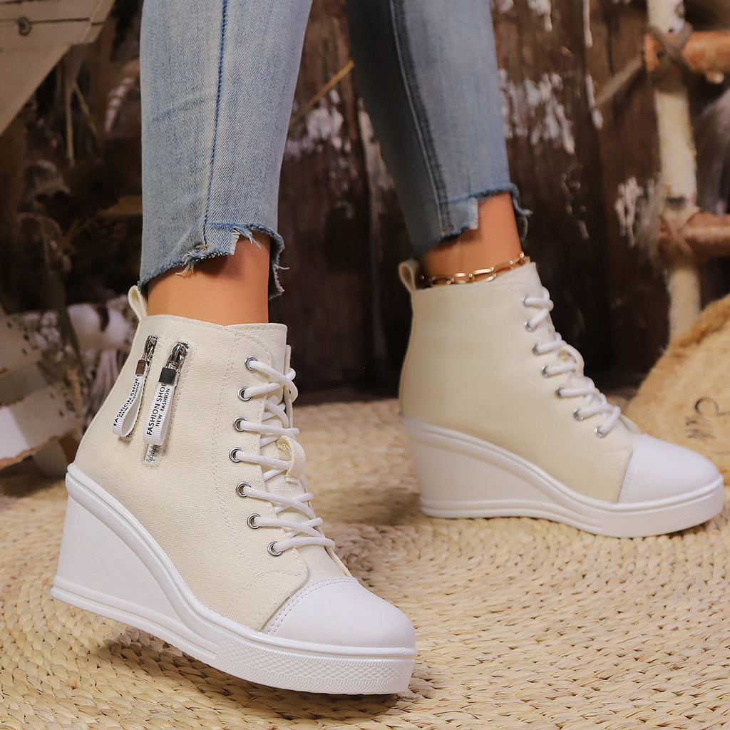 Baskets compensées en toile à lacets pour femmes