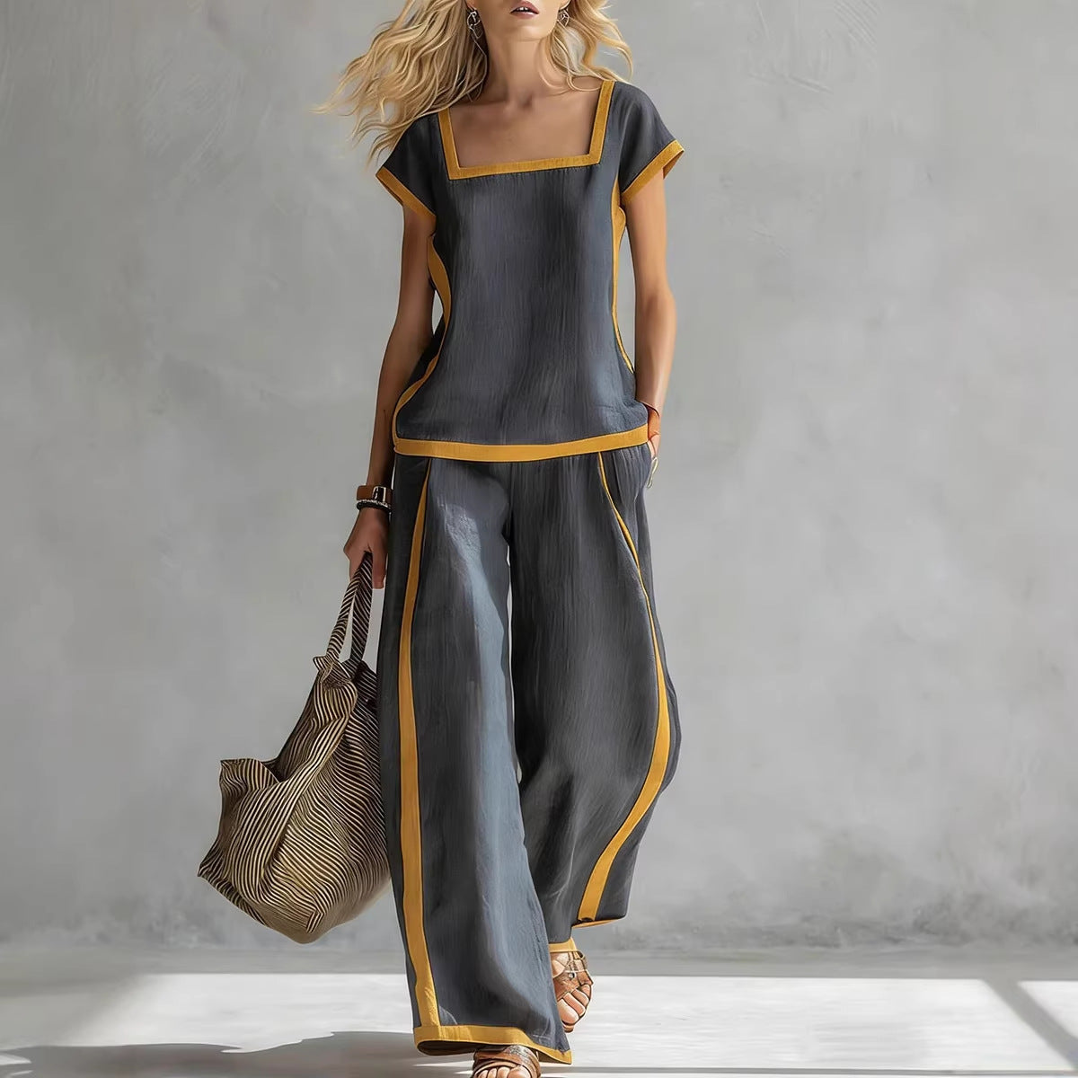 Ensemble deux pièces haut et pantalon amples à encolure carrée et manches trois-quarts