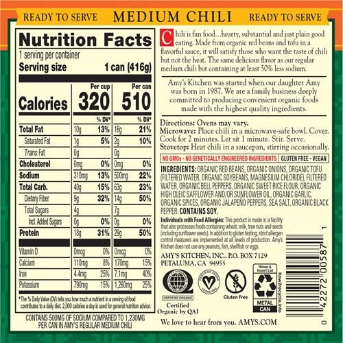 Amys Organic Chili, Chili Vegan Moyen, Faible En Sodium, Sans Gluten, Fait De Haricots Rouges Et De Tofu, 416 g