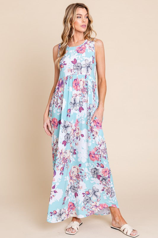 Nouvelle robe longue sans manches à col rond et imprimé floral avec poches pour femme – Robe élégante à imprimé floral, silhouette fluide et poches fonctionnelles