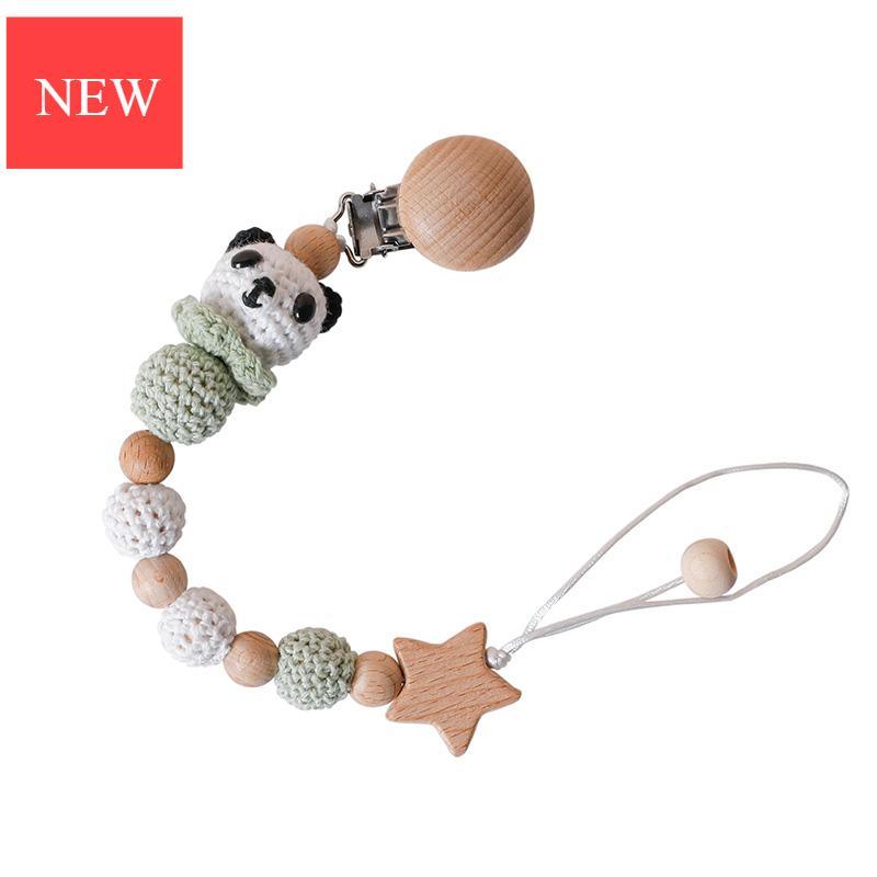 Chaîne de sucette moderne faite à la main, chaînes de dentition pour bébé, perles de panda en crochet, clips en bois, petite tige en bois pour enfants