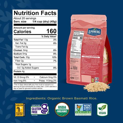 Riz brun basmati biologique à grains longs Lundberg – Non collant, moelleux et aromatique, 907 g