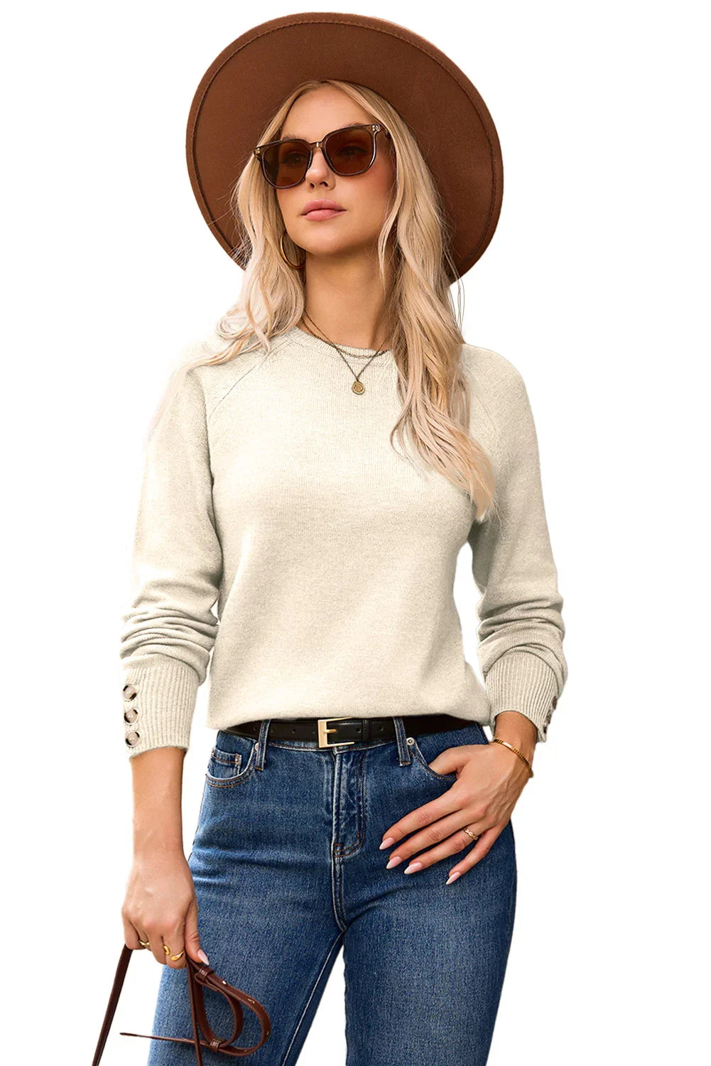 Chandail en maille à manches raglan, poignets boutonnés blancs