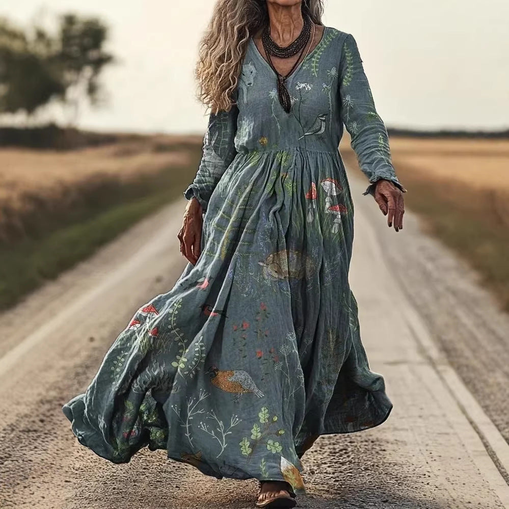 Robe trapèze rétro chic pour femme avec imprimé 3D, col en V et manches longues