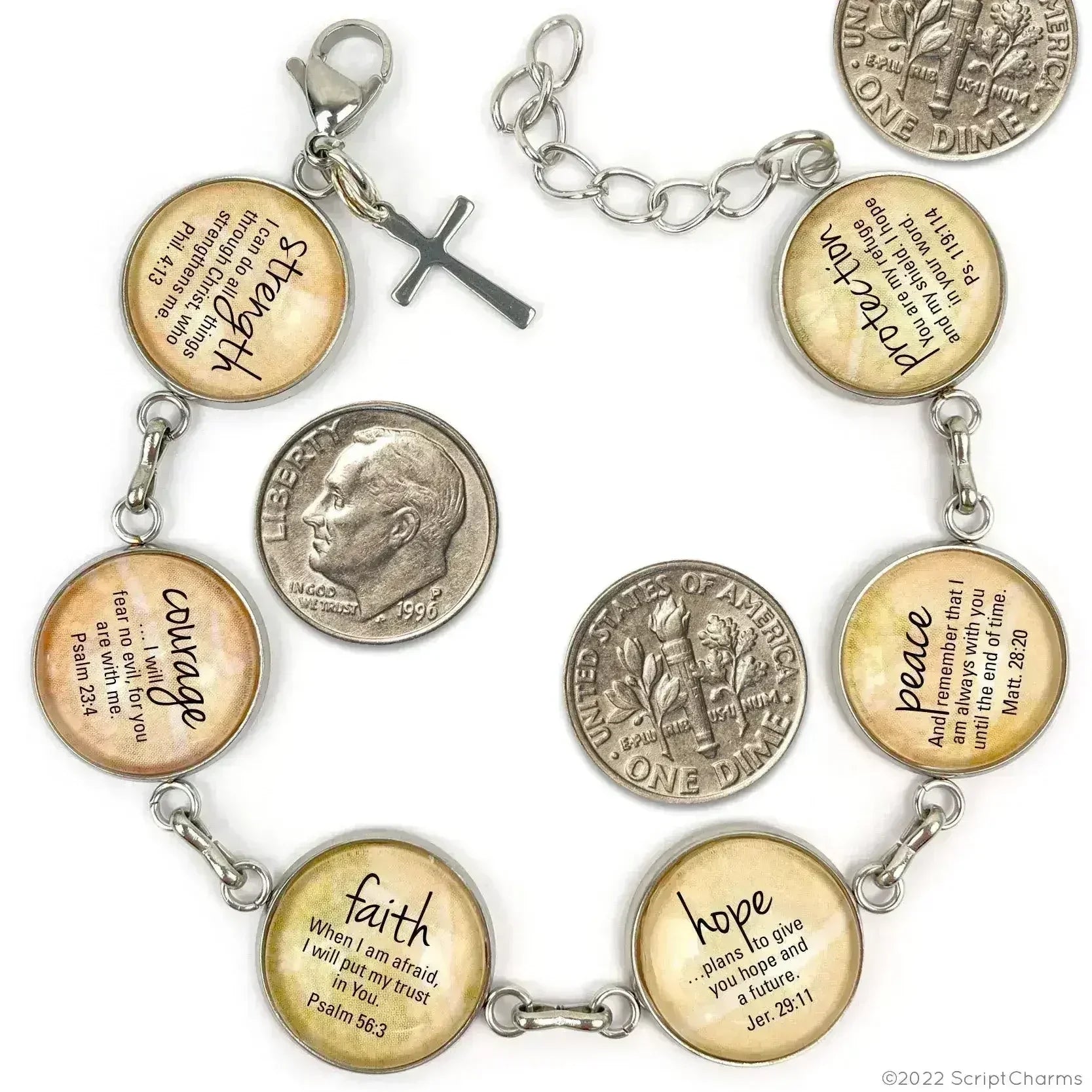 Bracelet avec breloque en verre Cantique « Bénie assurance » et Écriture sainte – Acier inoxydable