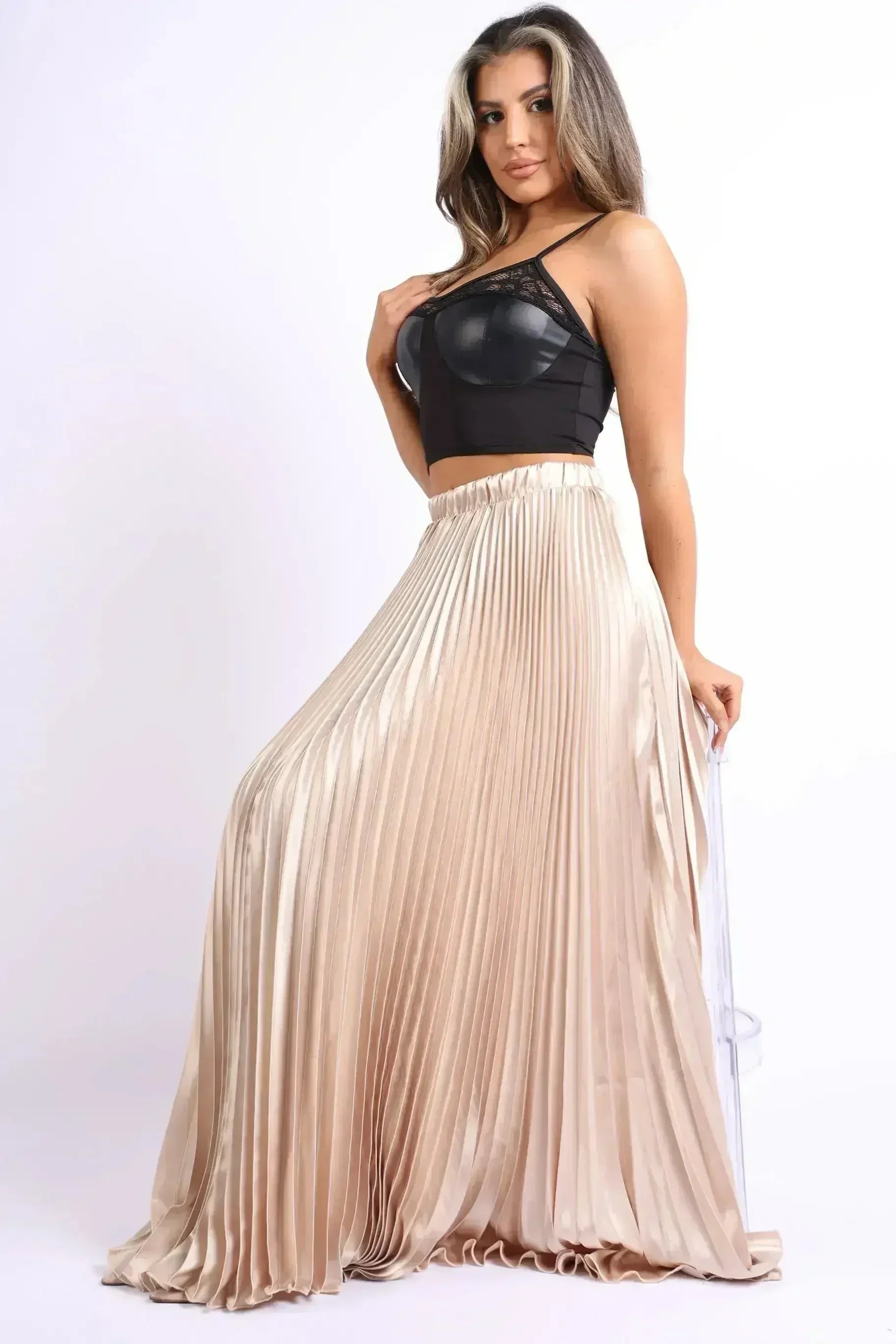 Jupe longue plissée en satin taille haute élastique coupe trapèze, pour soirée/bal de promo, couleur TAUPE