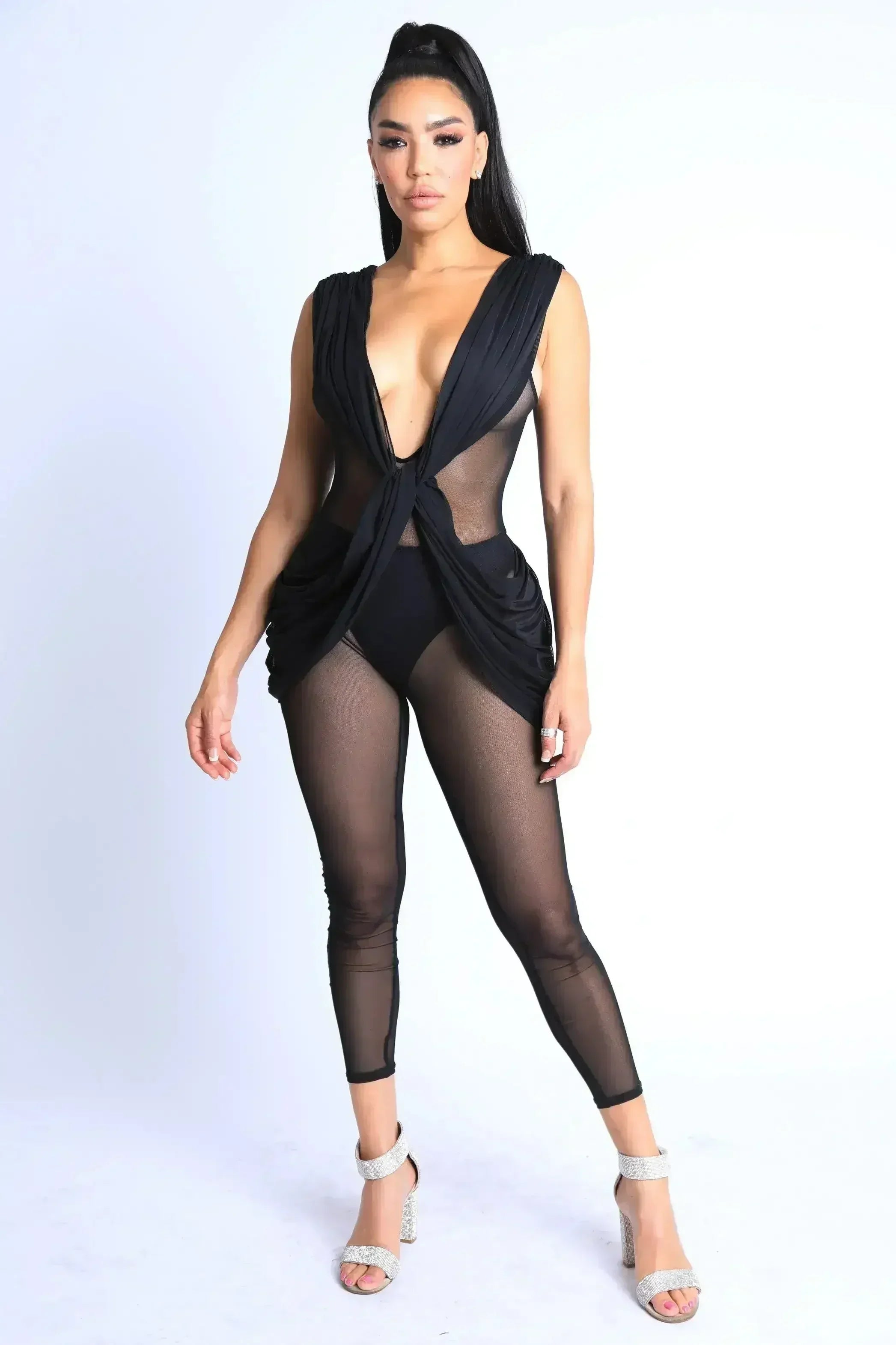 Combinaison drapée en maille légère sans manches, sexy, pour soirée ou club, NOIR