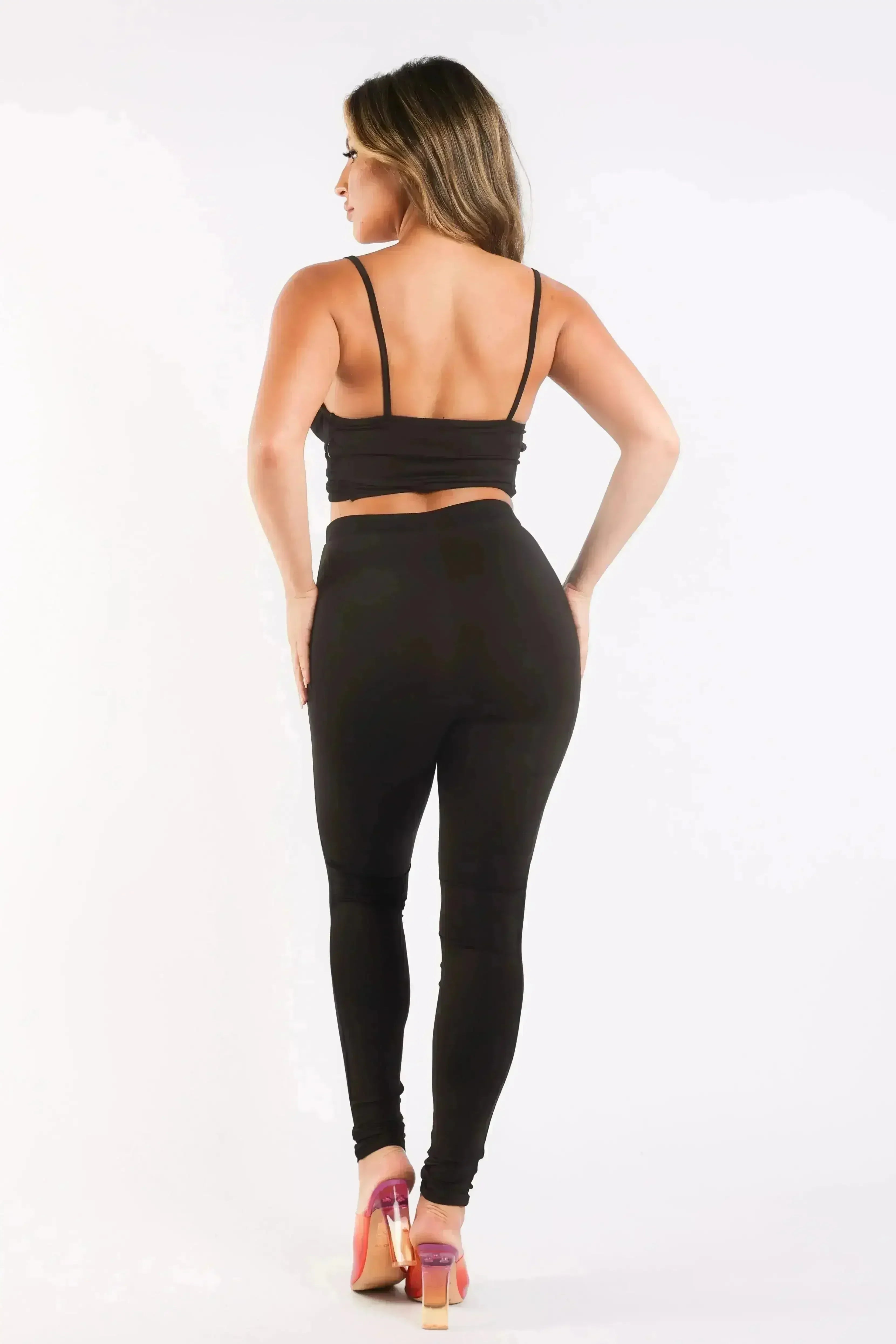 Ensemble legging et haut sans manches sport décontracté en maille contrastante NOIR