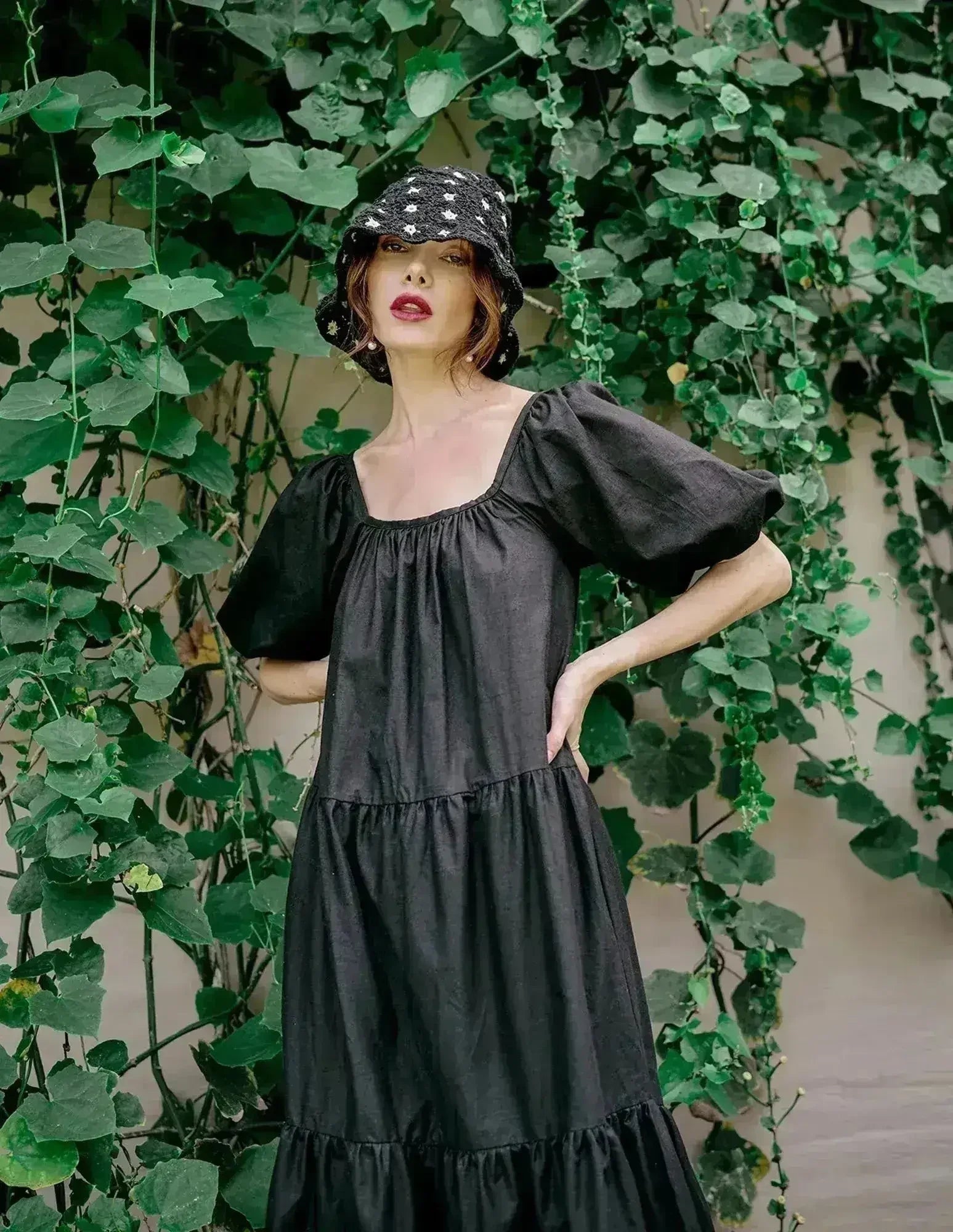 Robe prairie ROSEMARY en coton, noire