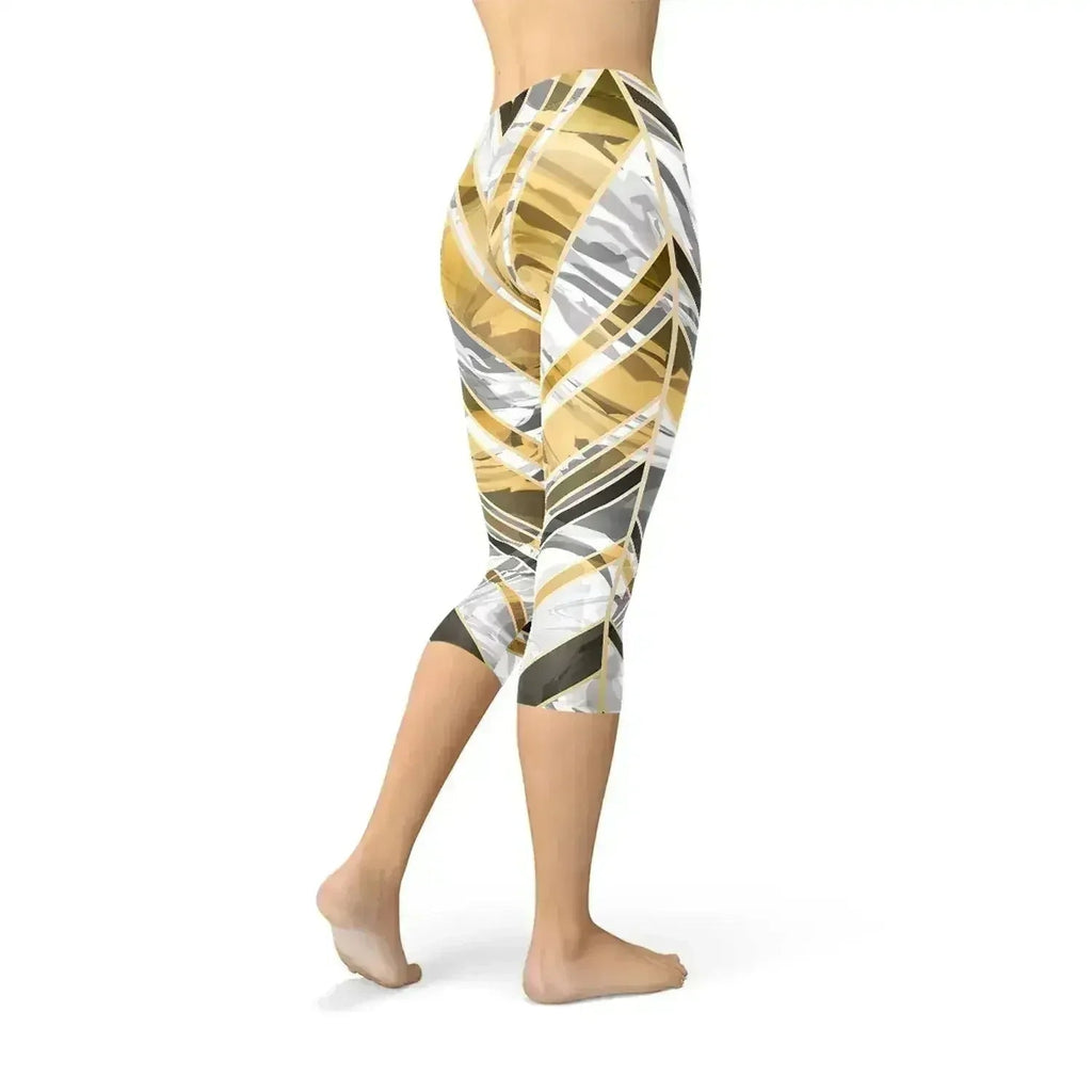 Legging Capri Marbre Blanc avec Lignes Or Noir