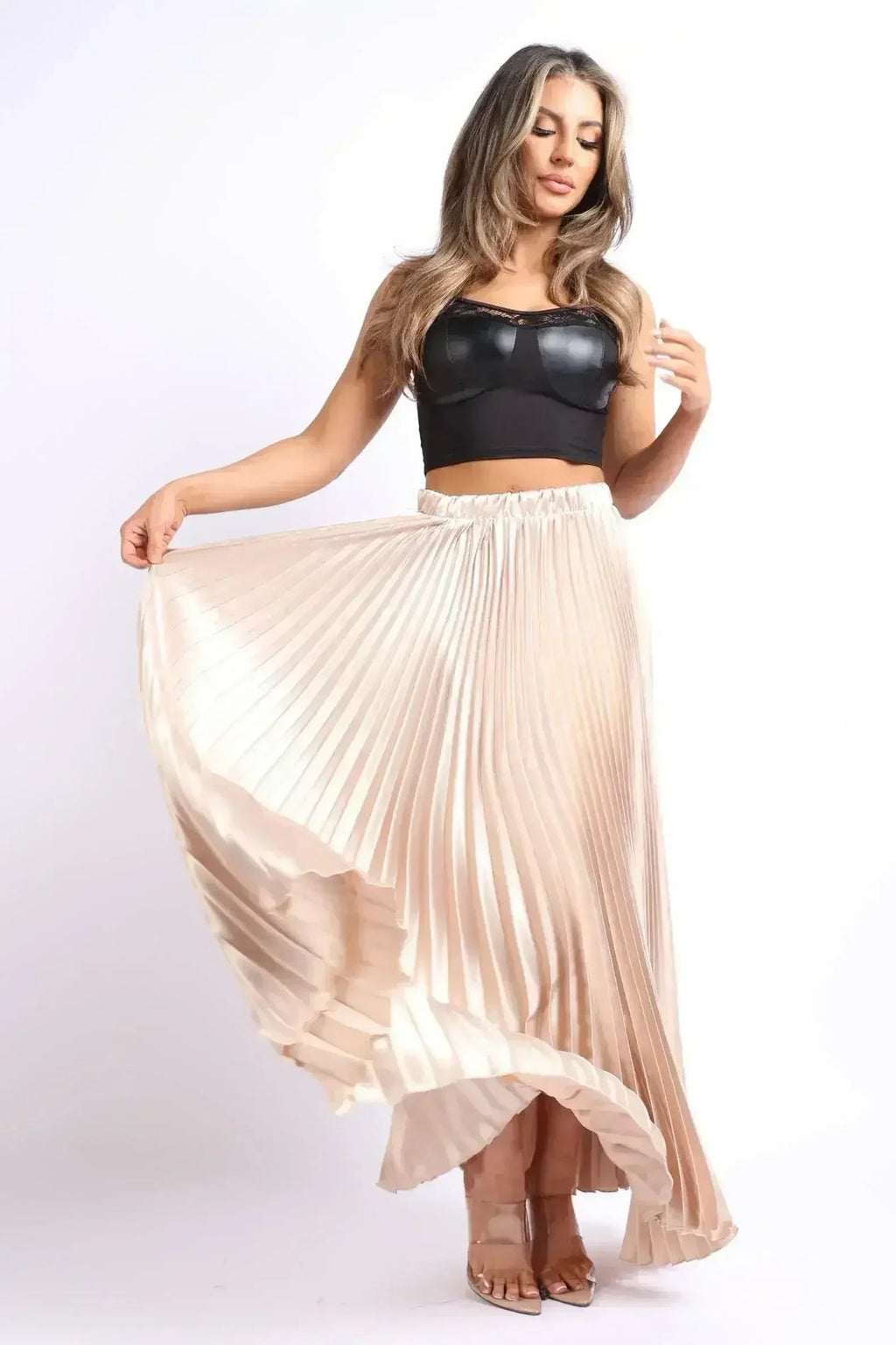 Jupe longue plissée en satin taille haute élastique coupe trapèze, pour soirée/bal de promo, couleur TAUPE