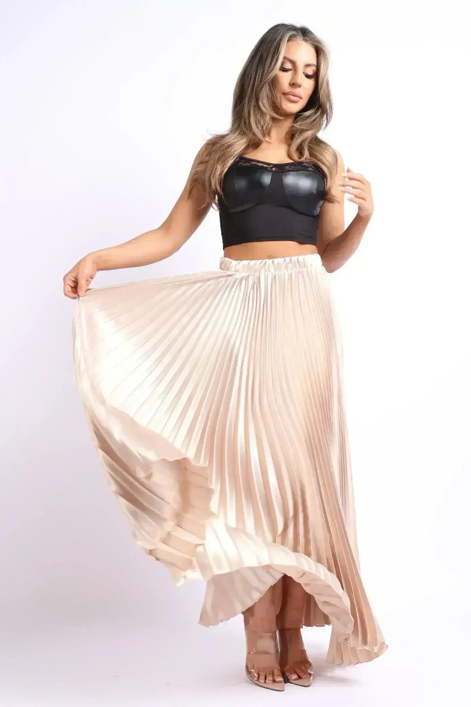 Jupe longue plissée en satin taille haute élastique coupe trapèze, pour soirée/bal de promo, couleur TAUPE