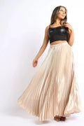 Jupe longue plissée en satin taille haute élastique coupe trapèze, pour soirée/bal de promo, couleur TAUPE