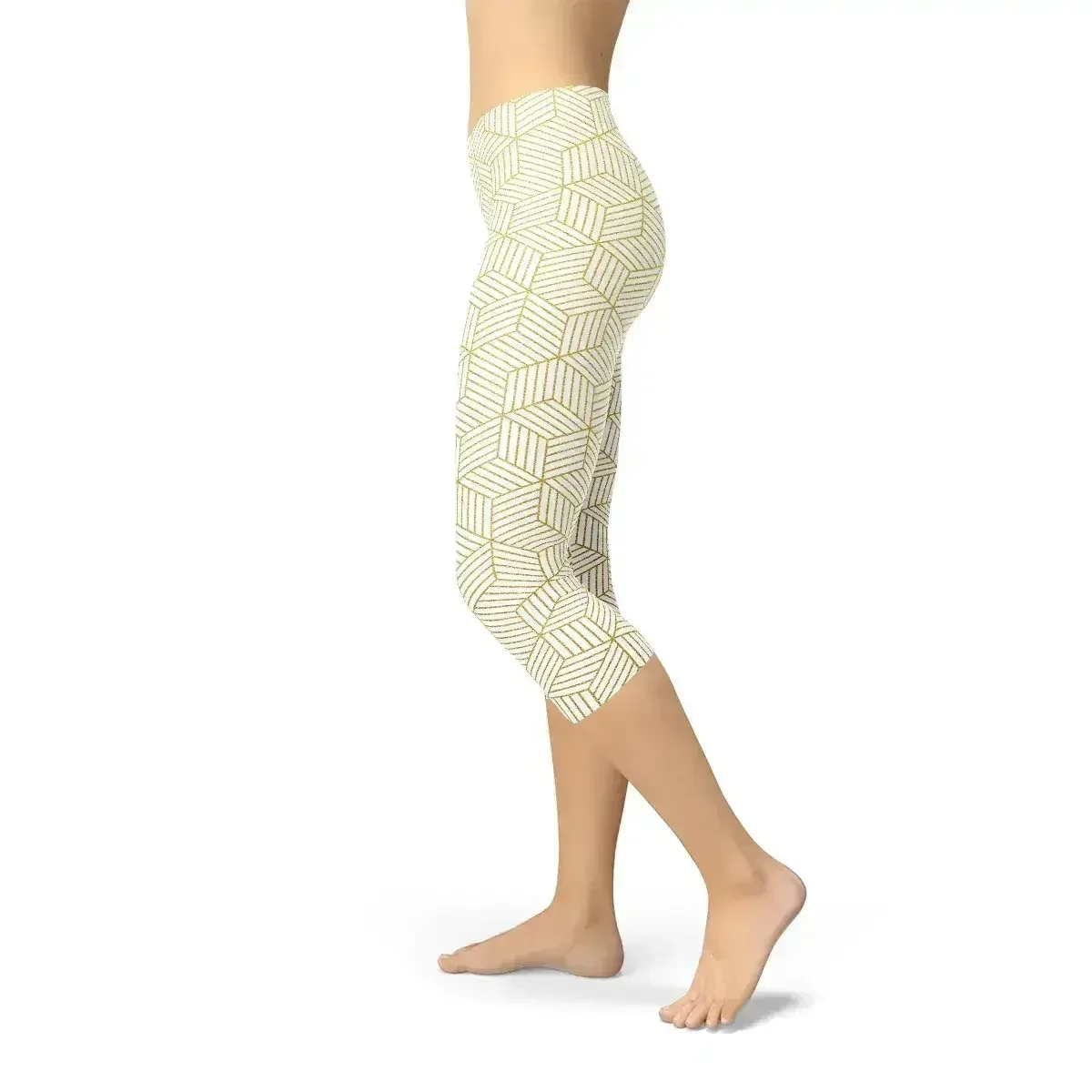 Womens White Capri Leggings w/ Geometric Cubes