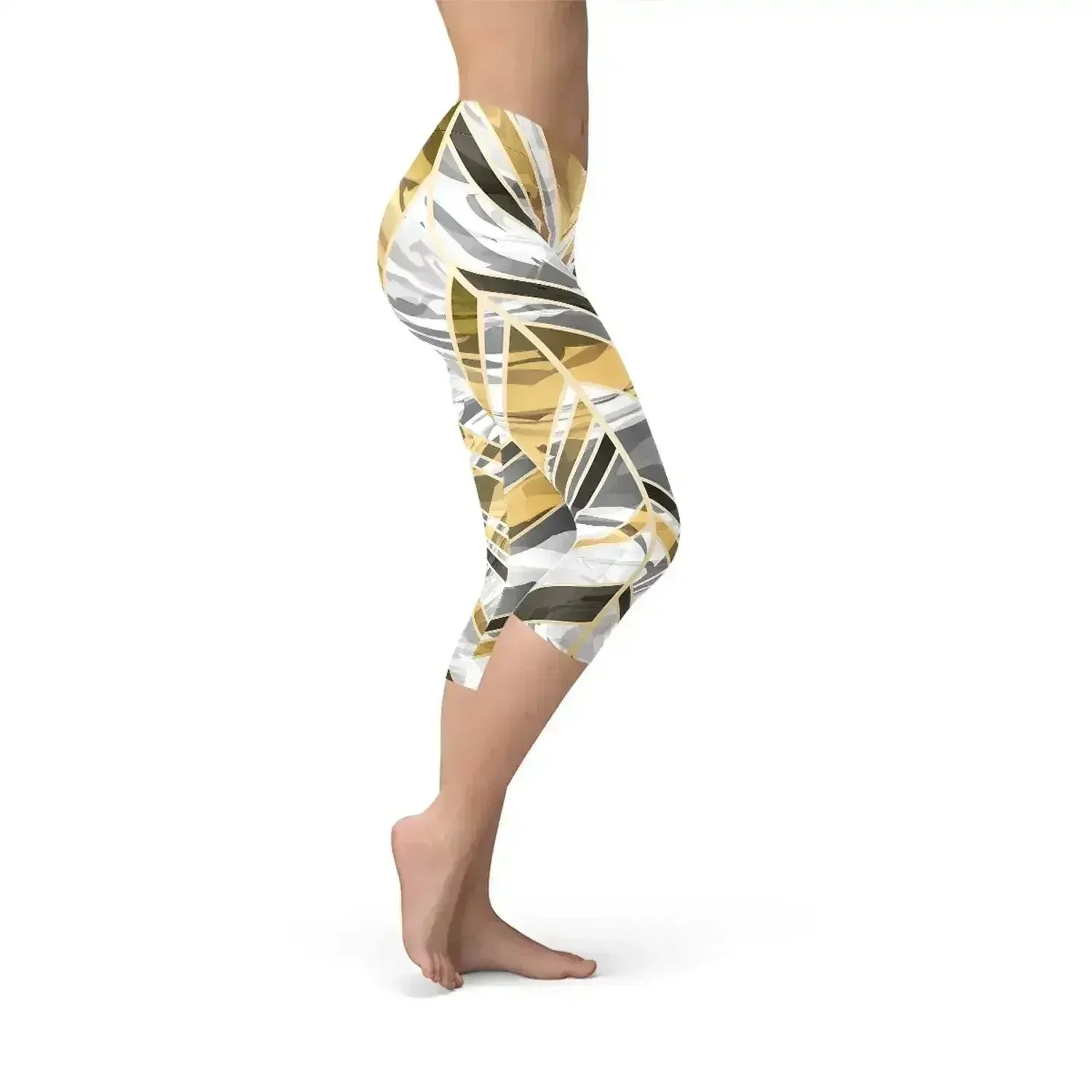 Legging Capri Marbre Blanc avec Lignes Or Noir