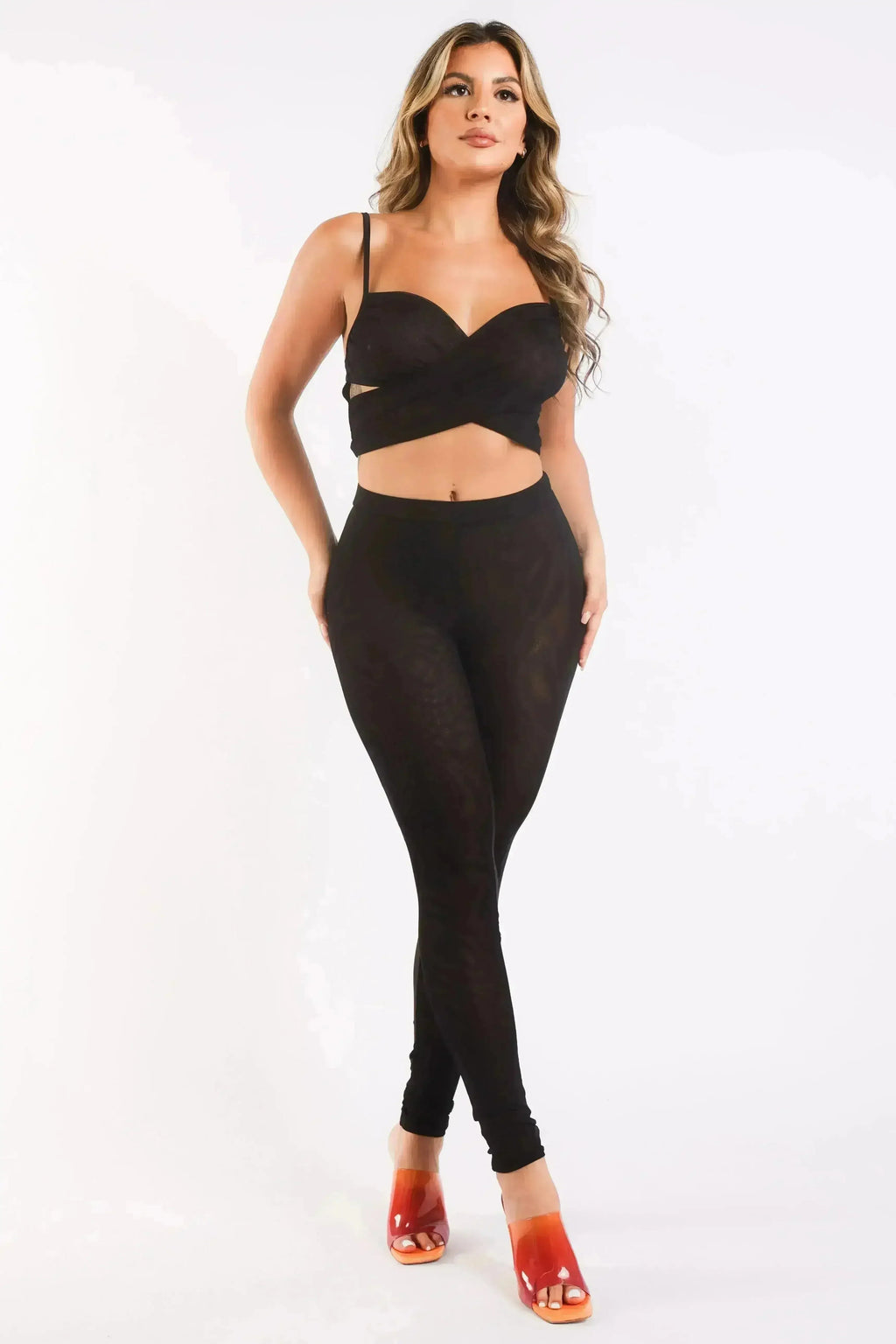 Ensemble legging et haut sans manches sport décontracté en maille contrastante NOIR