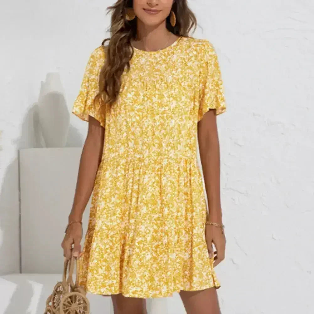 Robe trapèze fleurie à manches volantées - Robe en coton de printemps