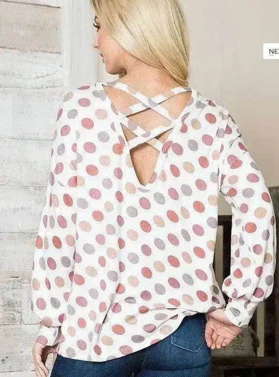 Haut en tricot à pois blancs, dos croisé