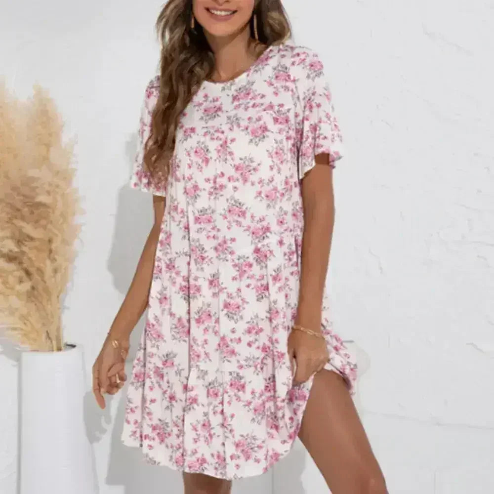 Robe trapèze fleurie à manches volantées - Robe en coton de printemps