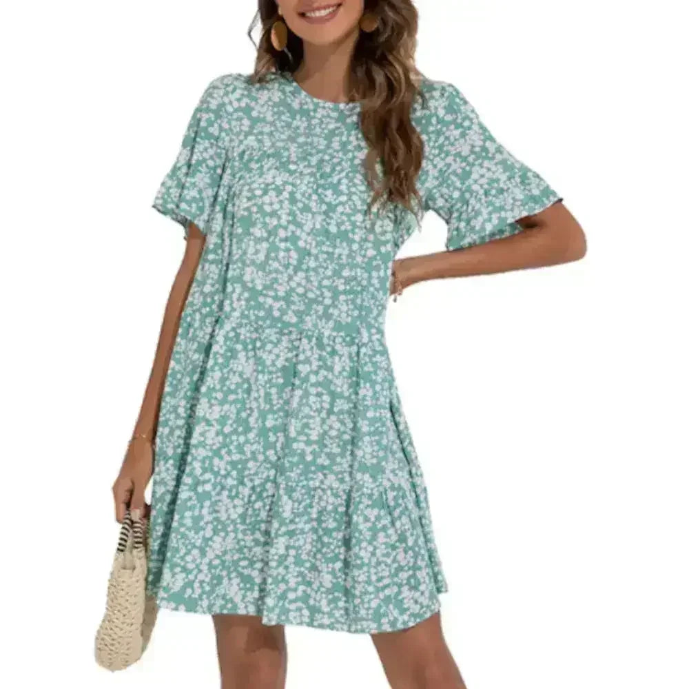 Robe trapèze fleurie à manches volantées - Robe en coton de printemps