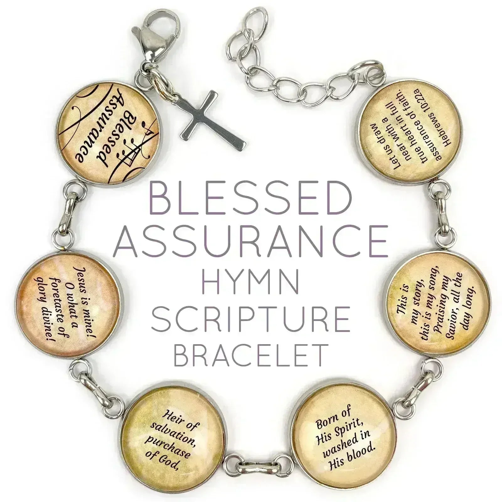Bracelet avec breloque en verre Cantique « Bénie assurance » et Écriture sainte – Acier inoxydable