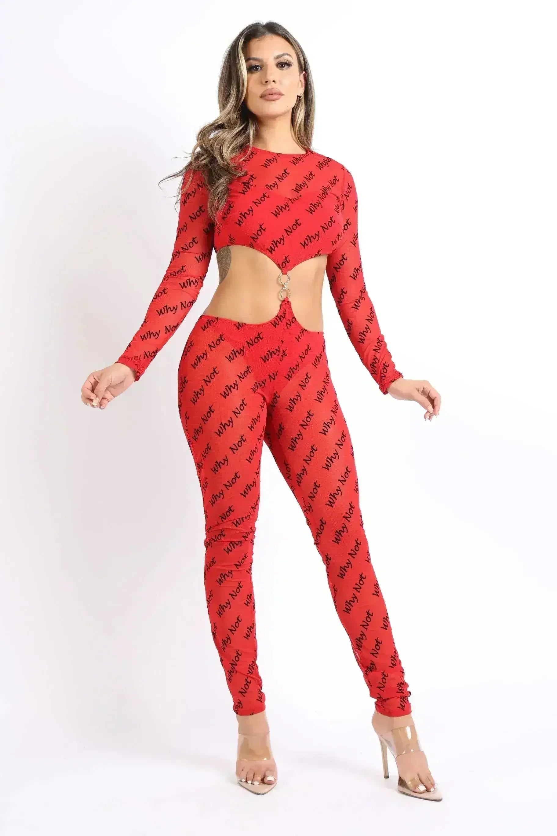 Combinaison sexy RED à découpes et imprimé avec double joint torique en maille