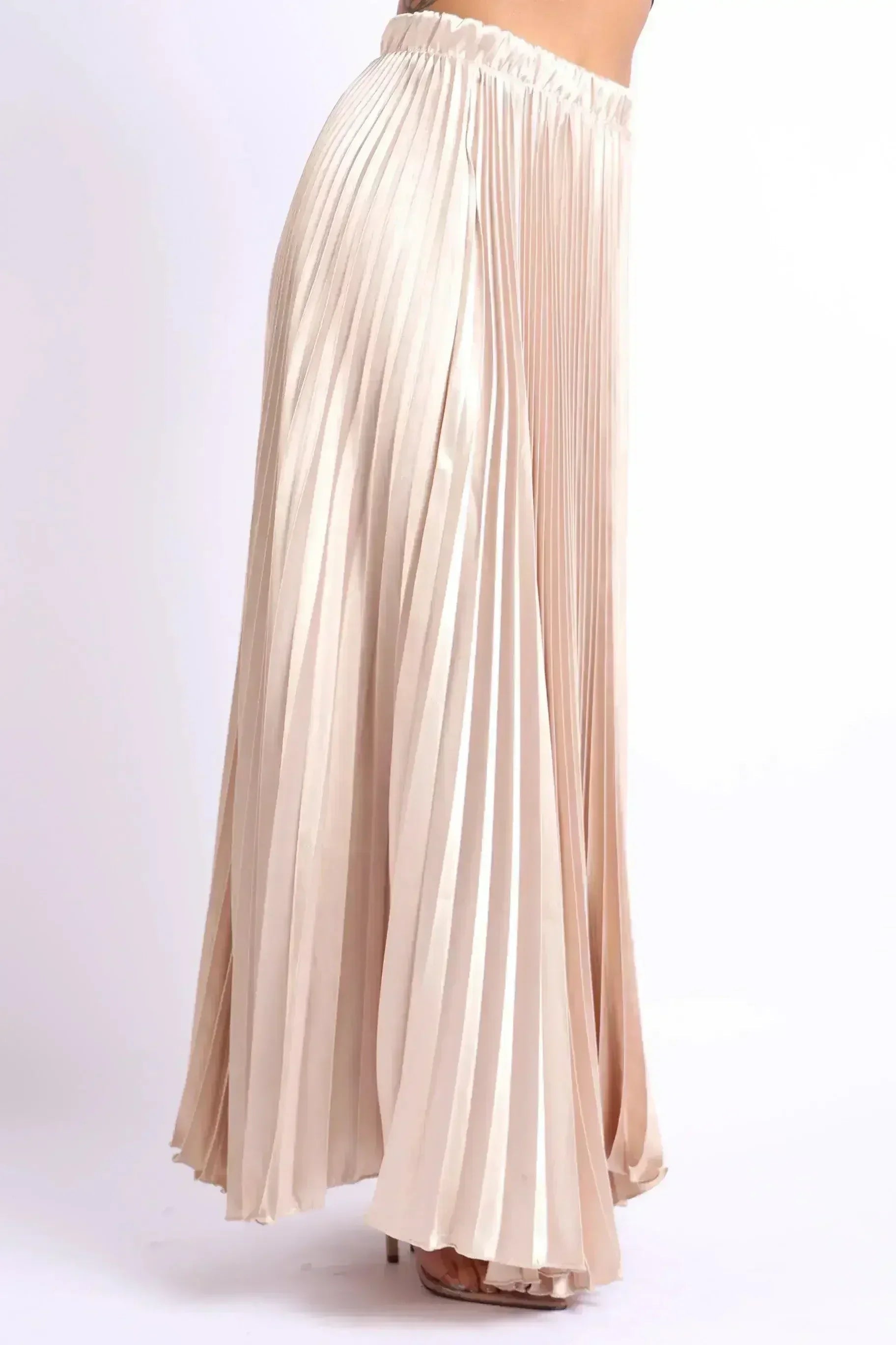Jupe longue plissée en satin taille haute élastique coupe trapèze, pour soirée/bal de promo, couleur TAUPE