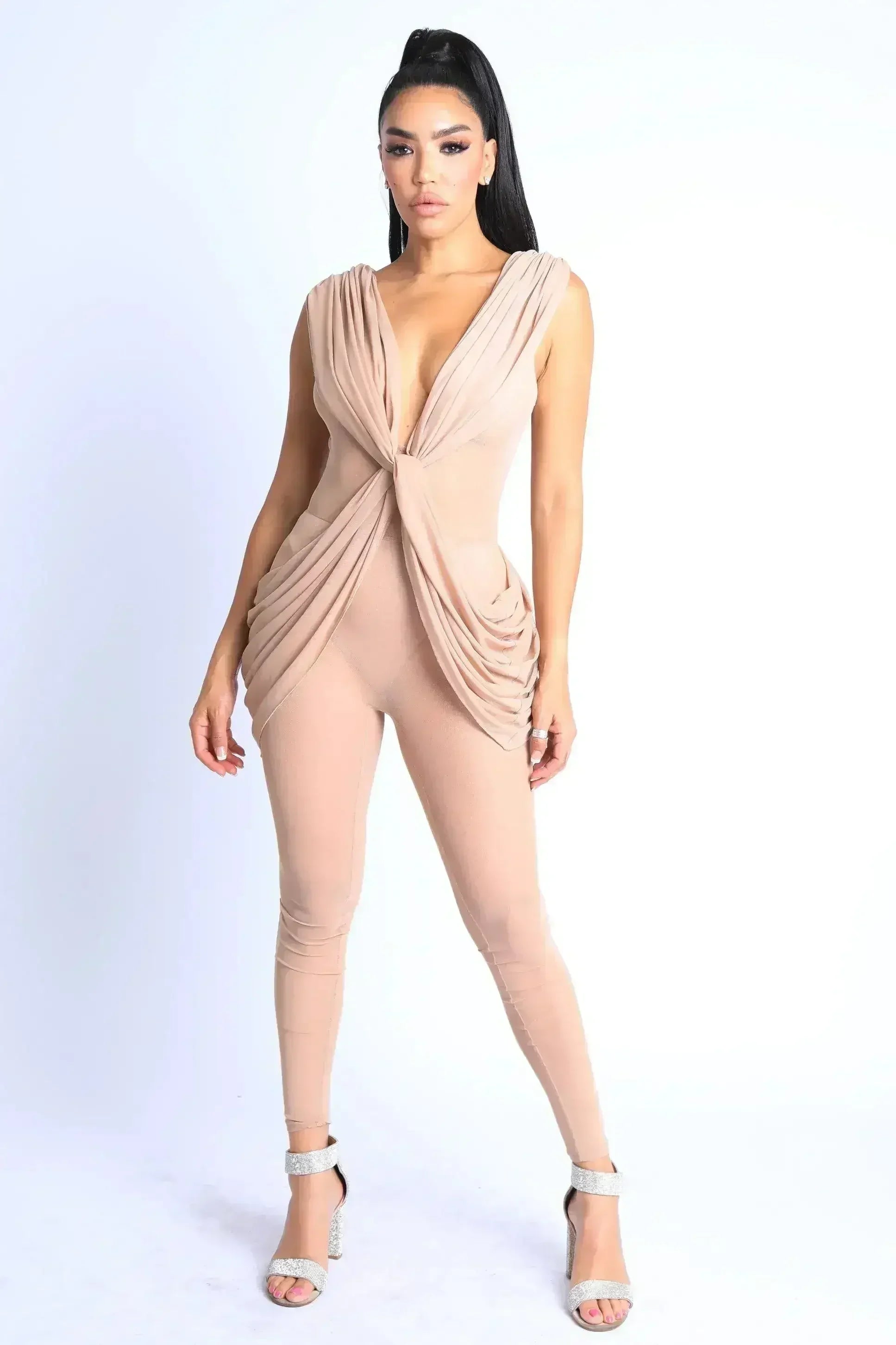 Combinaison Nude Sexy sans Manches Légère en Maille Drapée pour Soirée Club