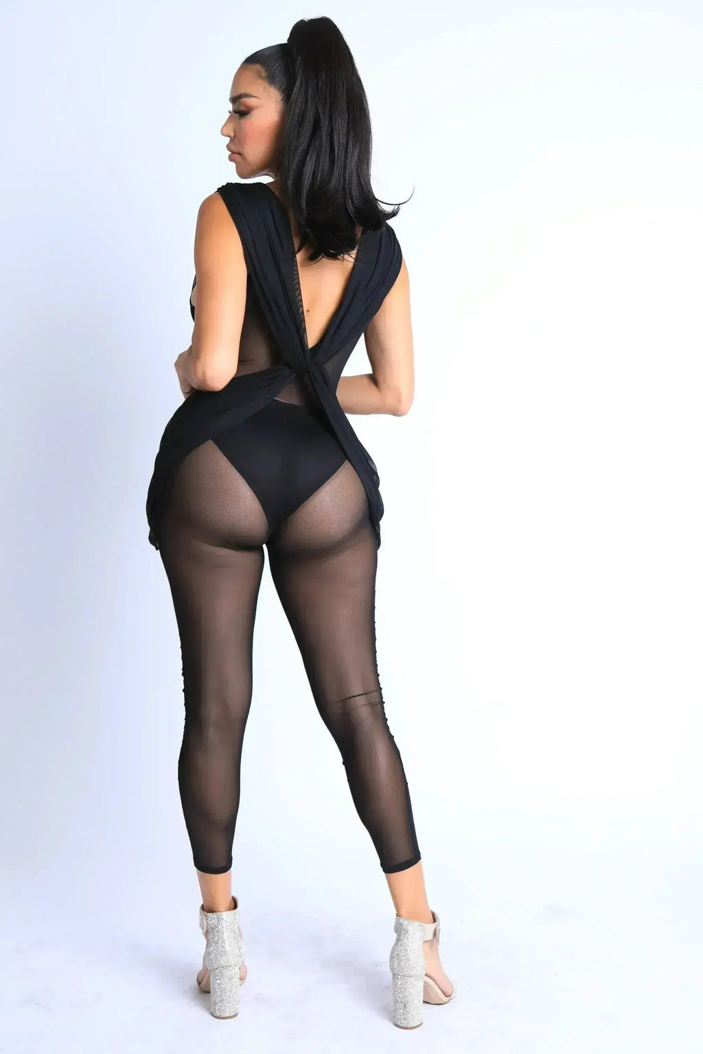 Combinaison drapée en maille légère sans manches, sexy, pour soirée ou club, NOIR