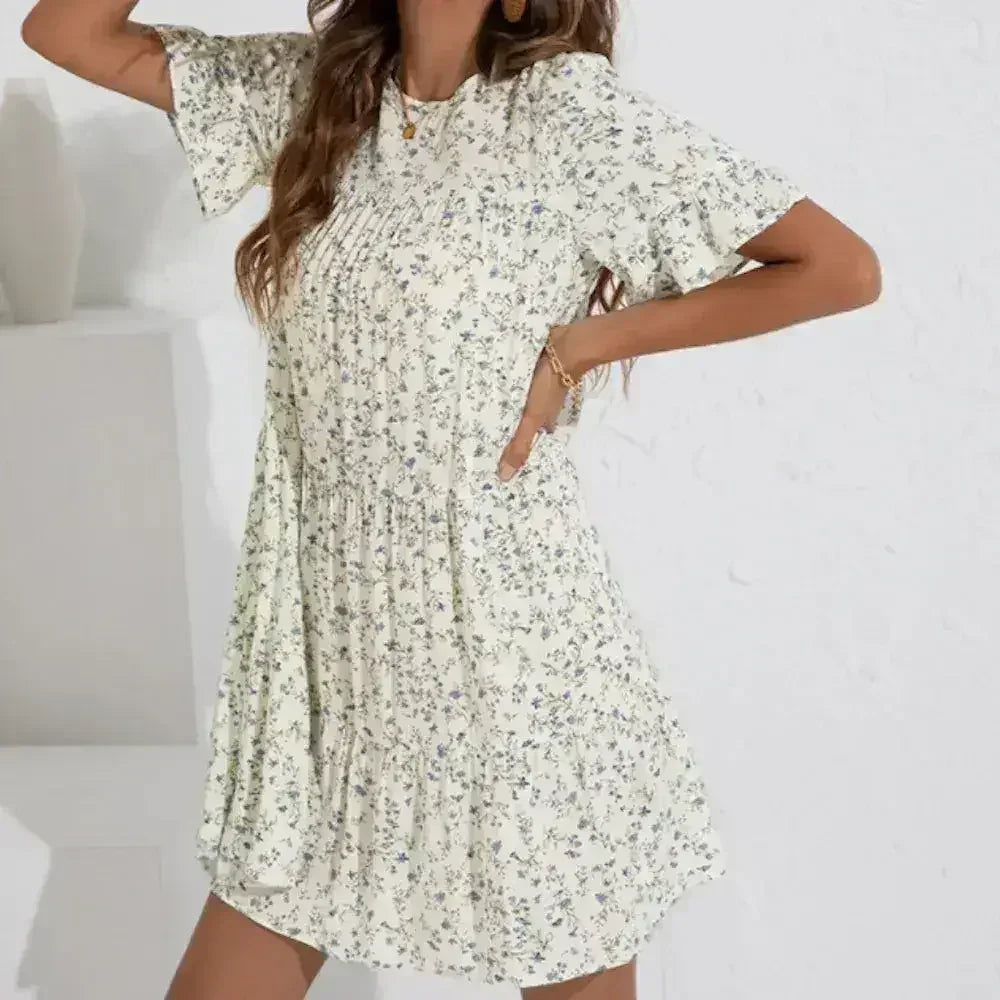 Robe trapèze fleurie à manches volantées - Robe en coton de printemps