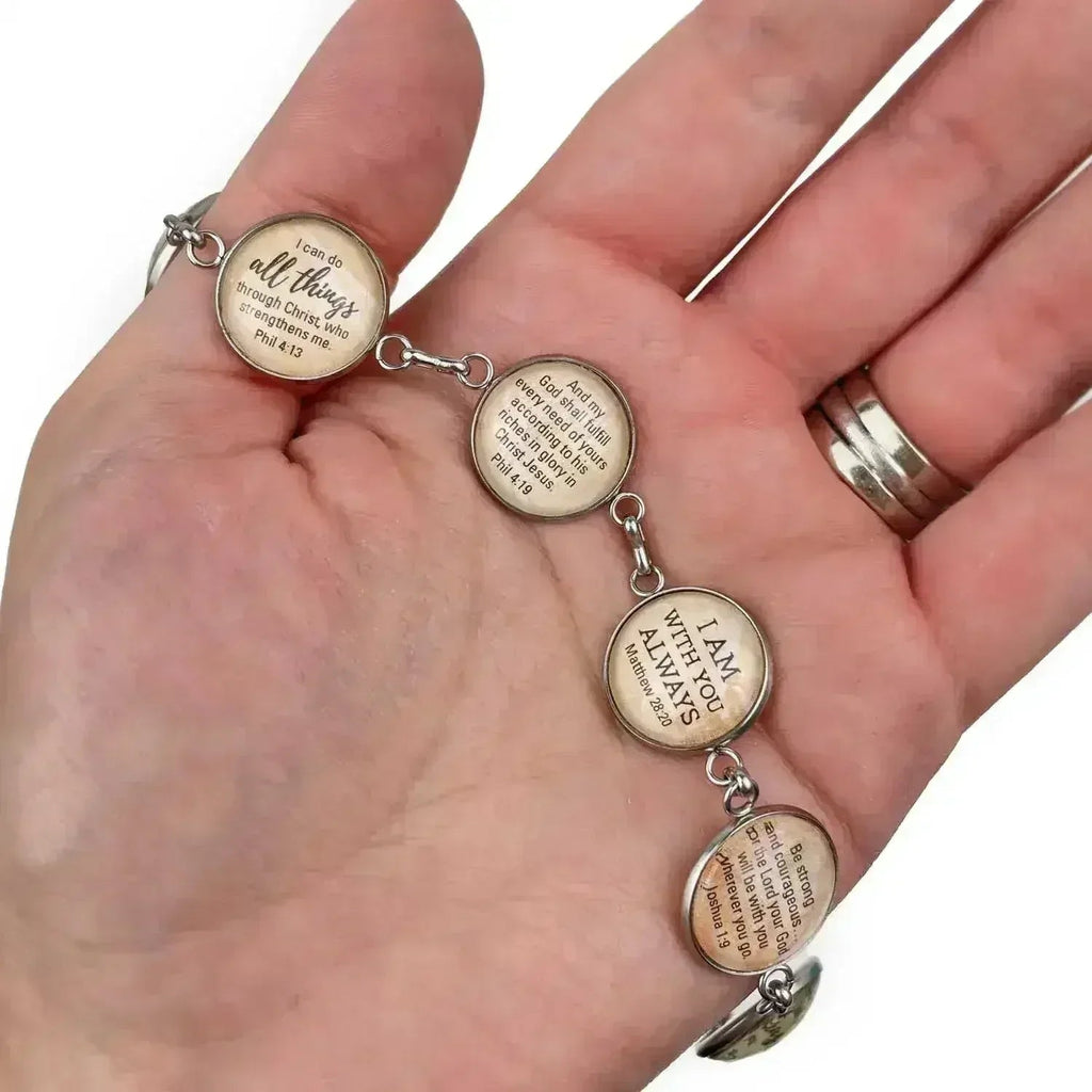 Bracelet avec breloque en verre Cantique « Bénie assurance » et Écriture sainte – Acier inoxydable