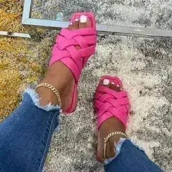 Pantoufles Plates en Cuir Décontractées pour Femme pour l'Été, Extérieur, Bleu/Rose/Beige