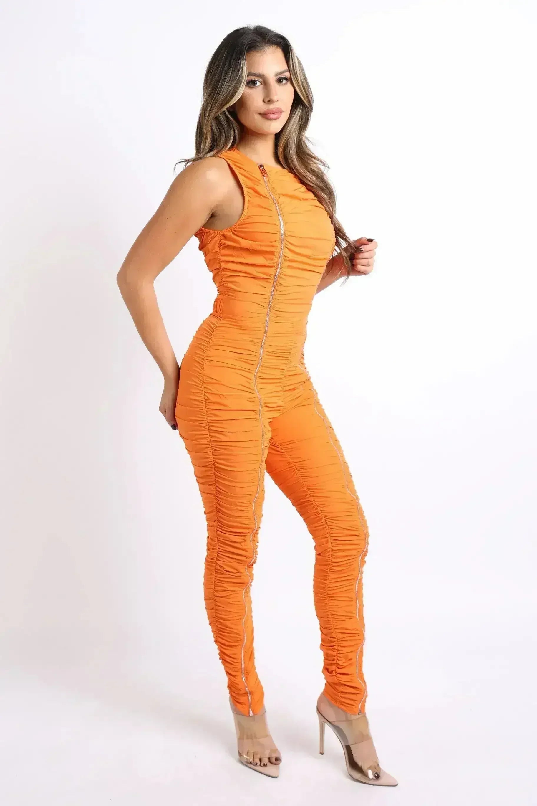 Combinaison zippée ruchée Robe à volants moulante ORANGE