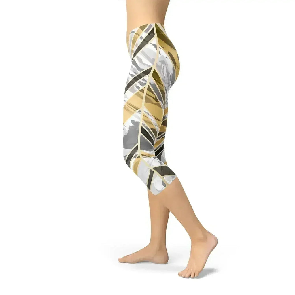 Legging Capri Marbre Blanc avec Lignes Or Noir