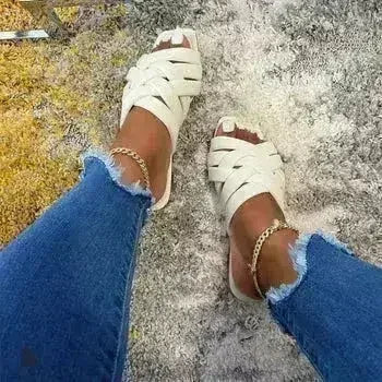 Pantoufles Plates en Cuir Décontractées pour Femme pour l'Été, Extérieur, Bleu/Rose/Beige