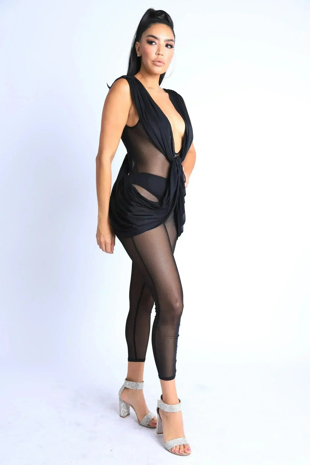 Combinaison drapée en maille légère sans manches, sexy, pour soirée ou club, NOIR