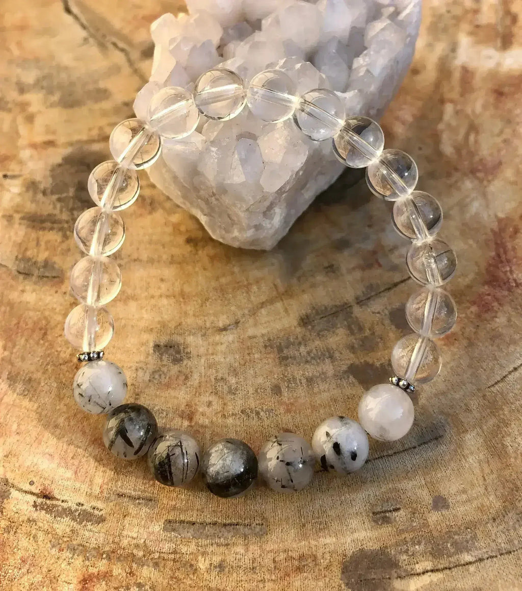 Bracelet extensible en tourmaline noire et quartz cristallin ! Cristaux véritables !