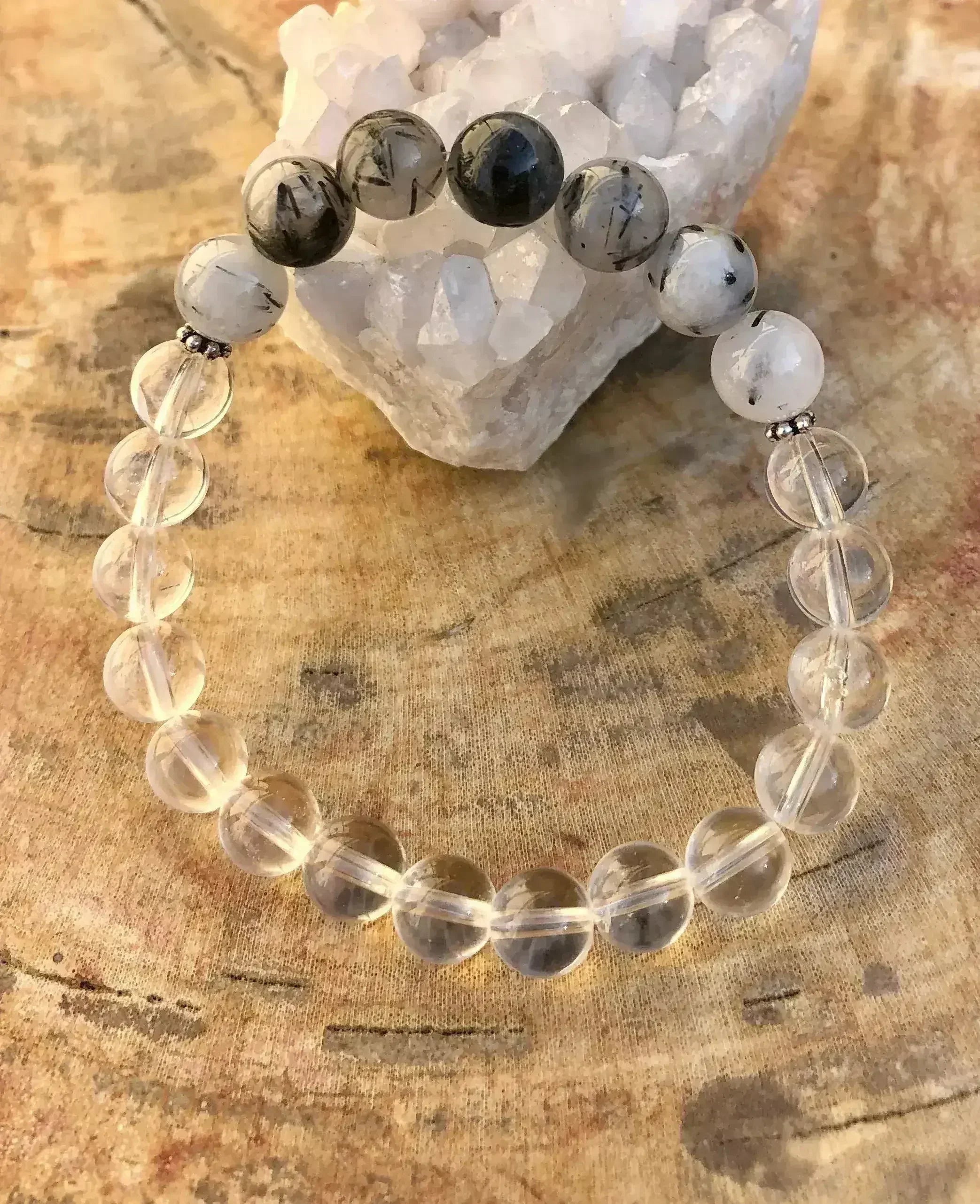 Bracelet extensible en tourmaline noire et quartz cristallin ! Cristaux véritables !