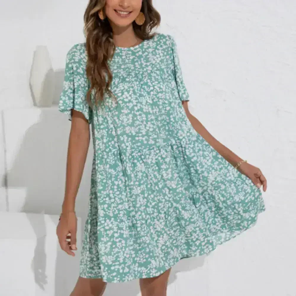 Robe trapèze fleurie à manches volantées - Robe en coton de printemps