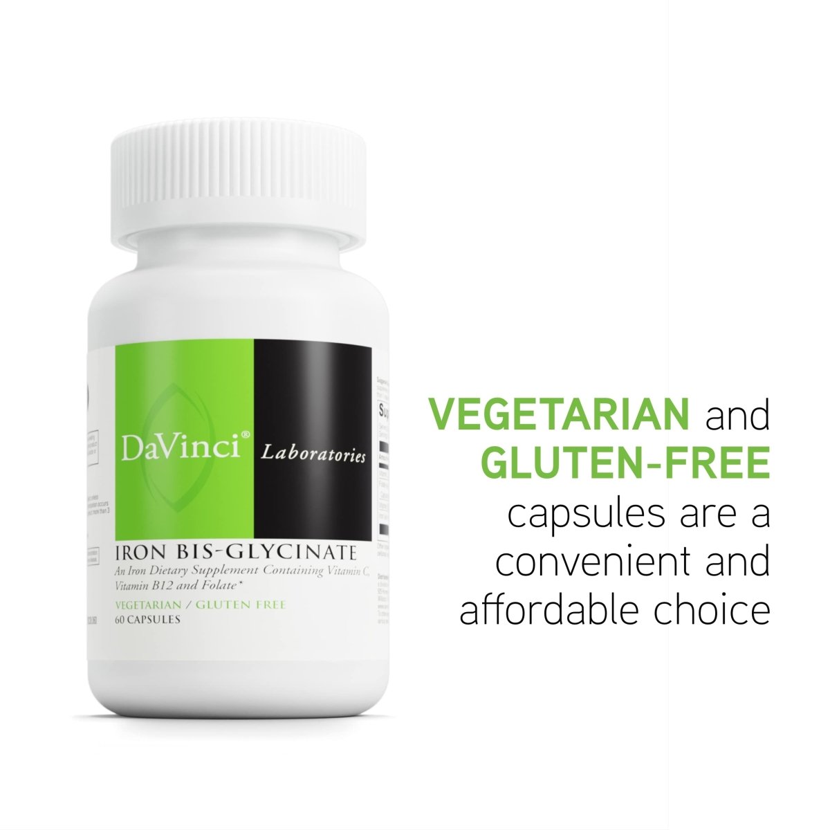 DaVinci Labs Fer Bisglycinate - Supplément de fer pour femmes ou hommes - Sans gluten - 60 gélules végétariennes