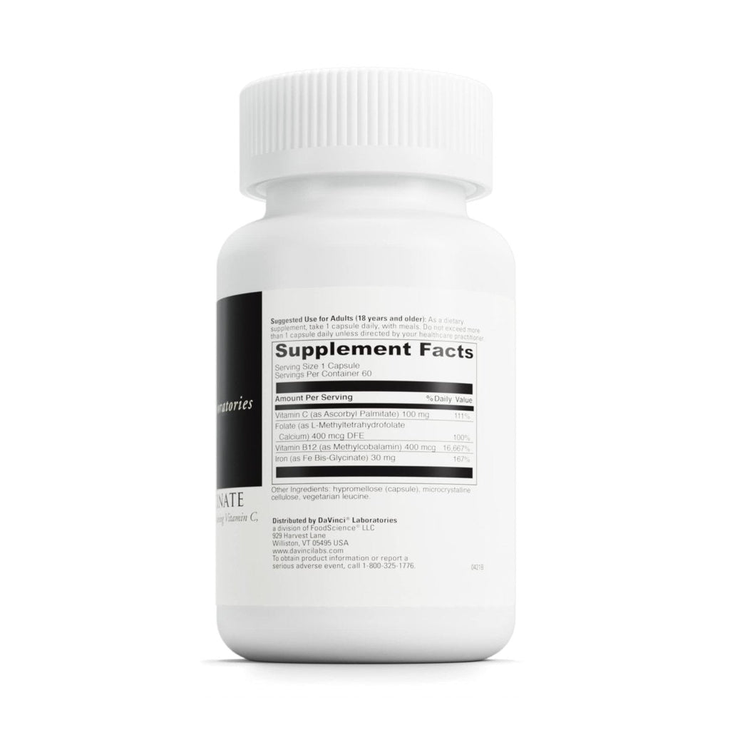 DaVinci Labs Fer Bisglycinate - Supplément de fer pour femmes ou hommes - Sans gluten - 60 gélules végétariennes