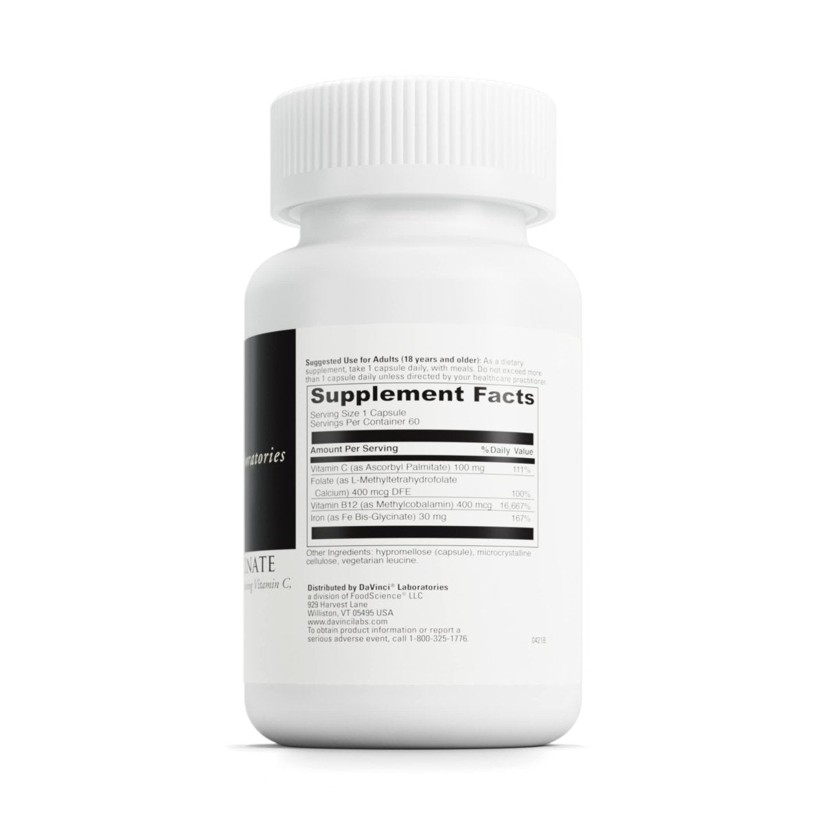 DaVinci Labs Fer Bisglycinate - Supplément de fer pour femmes ou hommes - Sans gluten - 60 gélules végétariennes