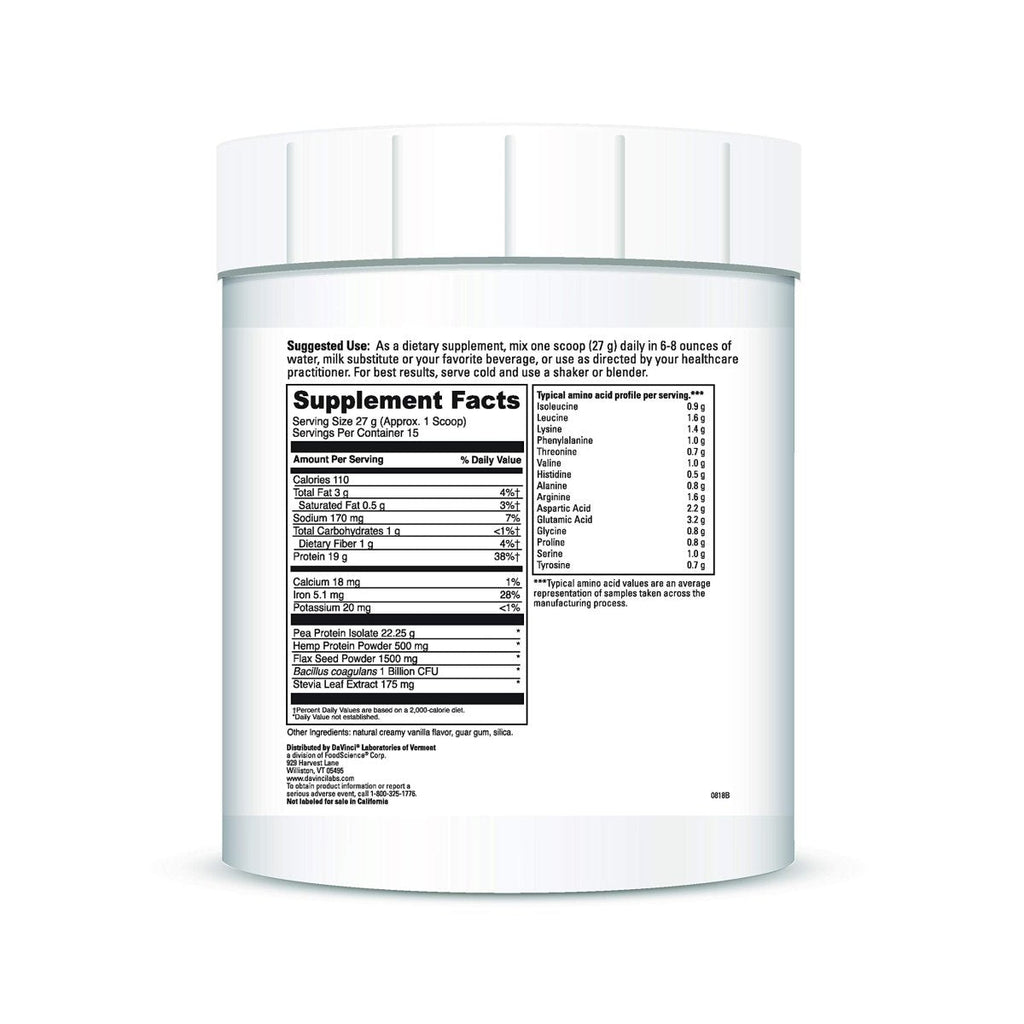 Protéines végétaliennes DAVINCI Labs - Supplément de protéines en poudre pour le maintien du poids, la réparation musculaire et tissulaire - Saveur vanille crémeuse - Sans soja et sans gluten - 447 g, 15 portions