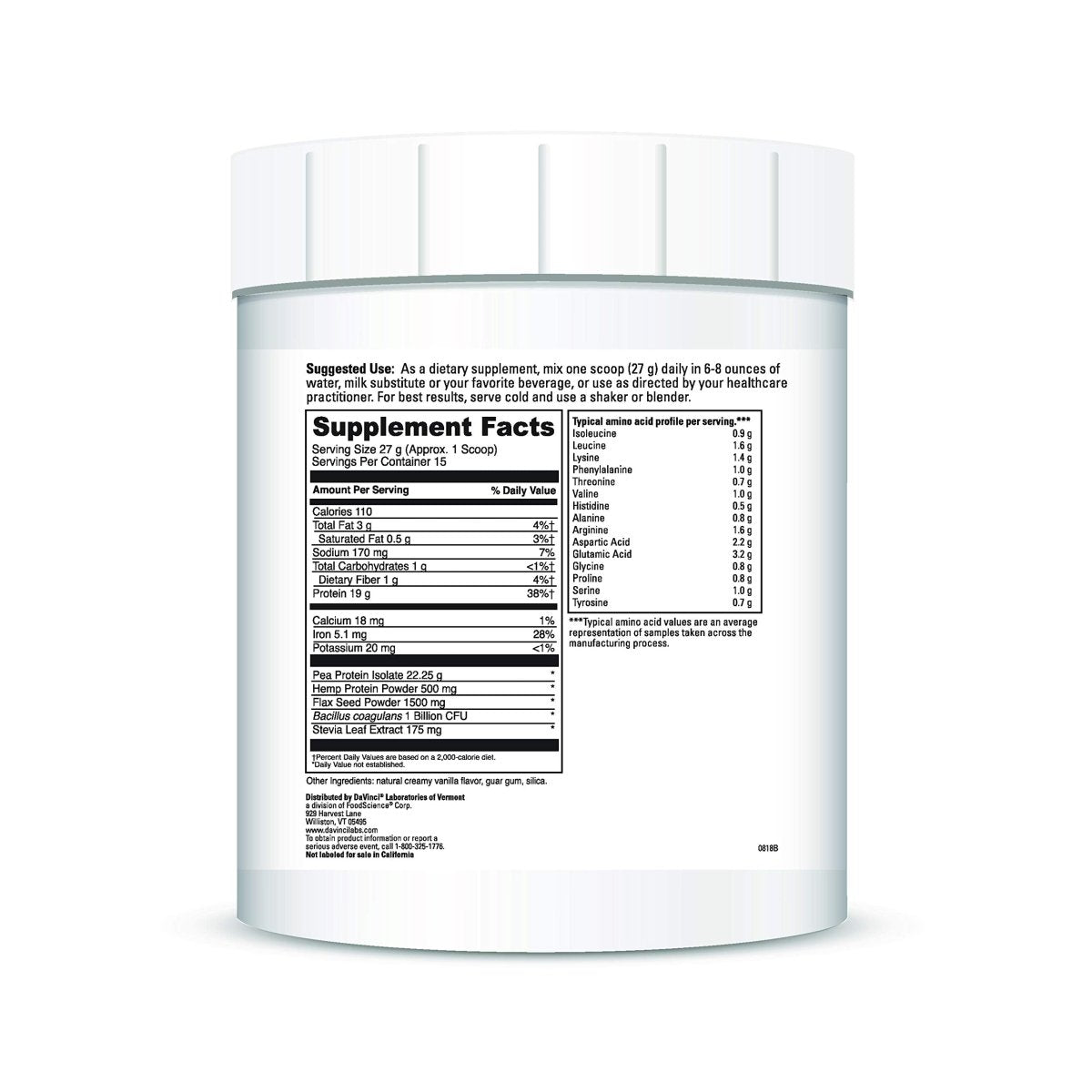 Protéines végétaliennes DAVINCI Labs - Supplément de protéines en poudre pour le maintien du poids, la réparation musculaire et tissulaire - Saveur vanille crémeuse - Sans soja et sans gluten - 447 g, 15 portions
