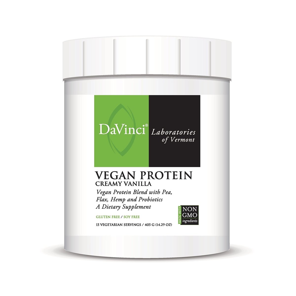 Protéines végétaliennes DAVINCI Labs - Supplément de protéines en poudre pour le maintien du poids, la réparation musculaire et tissulaire - Saveur vanille crémeuse - Sans soja et sans gluten - 447 g, 15 portions